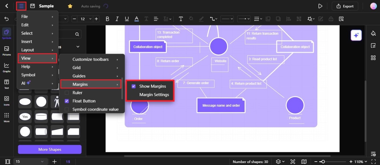 view page margins on diagram