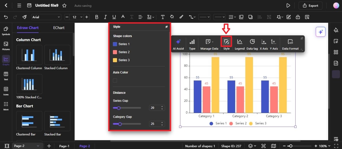 style menu from toolbar for chart