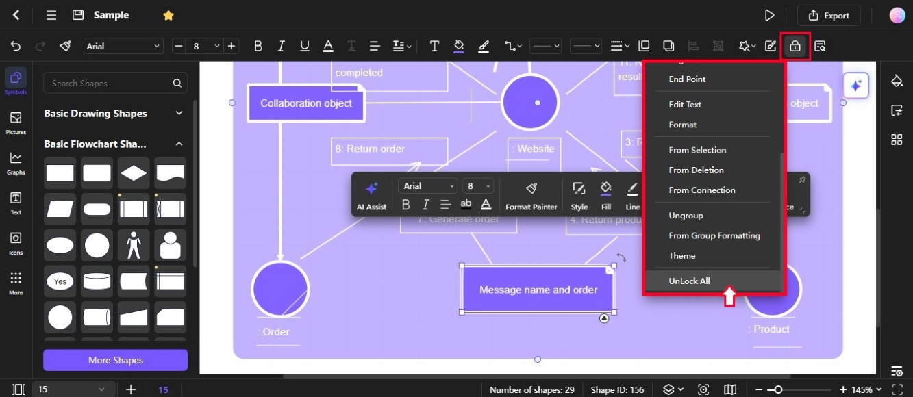 unlock all shape settings in diagram