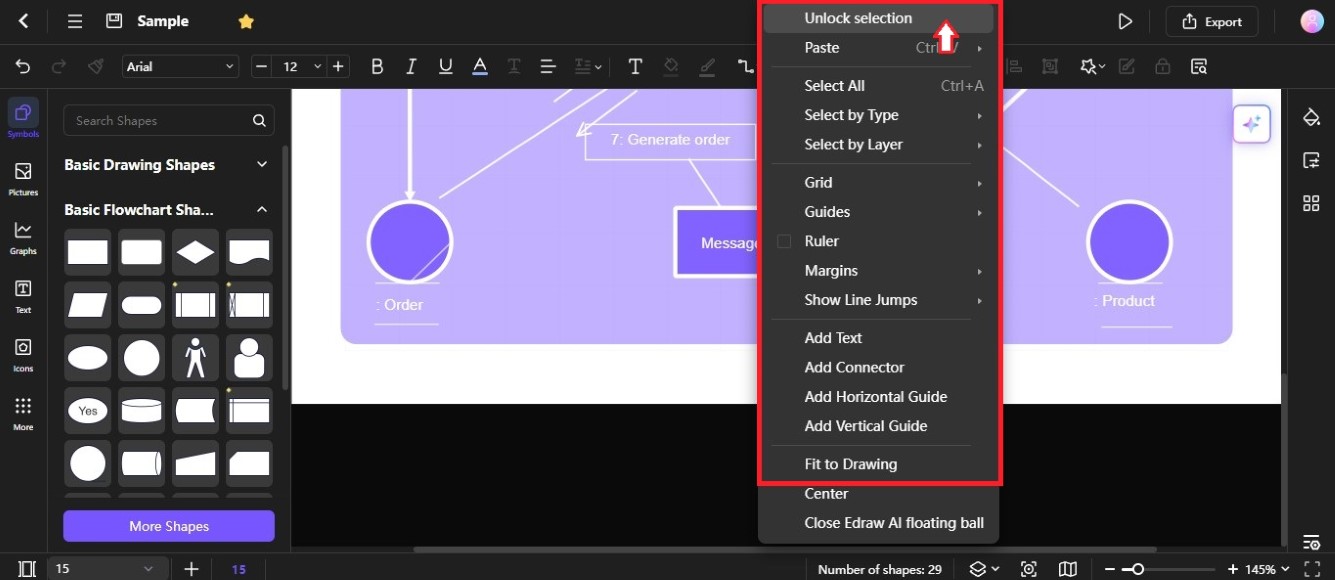 unlock selection of shapes in diagram