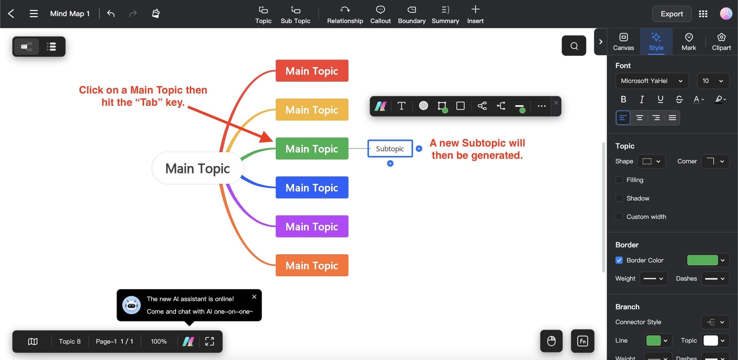 tab key to add subtopic