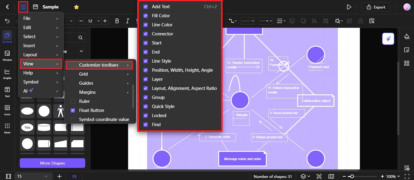 customize toolbars for editing diagram