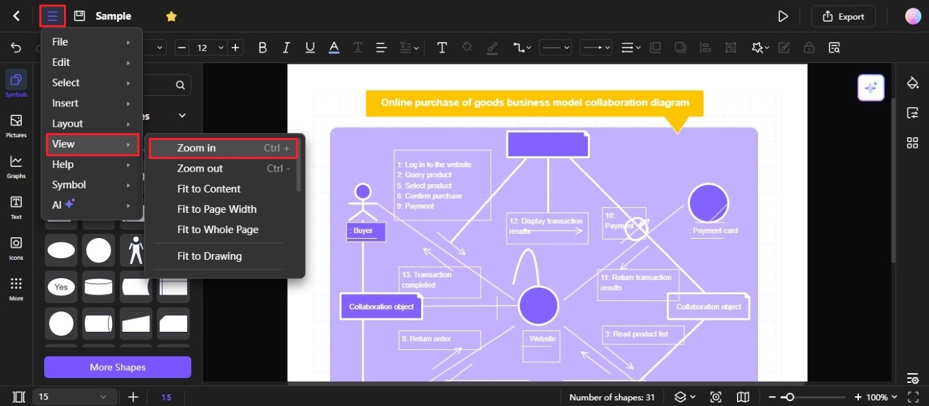 zoom in diagram from top menu