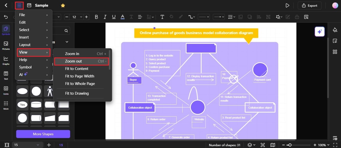 zoom out diagram from top menu