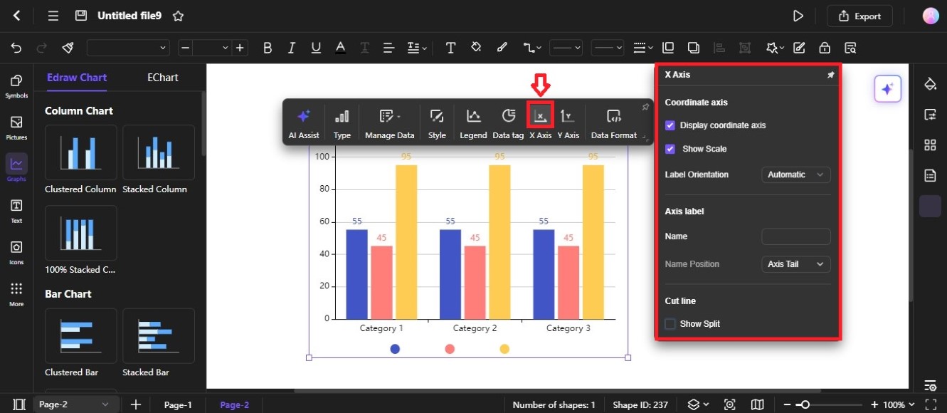 x-axis menu from toolbar for chart